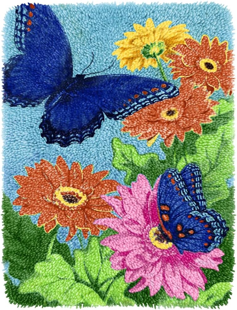 Yjunue Butterfly Floral Latch Hook Kits for Adults, DIY Crochet Yarn Rugs Hooking Craft Kit with Color Preprinted Pattern Design for Adults and Beginners(Butterfly, 20 x 15in) - Image 1
